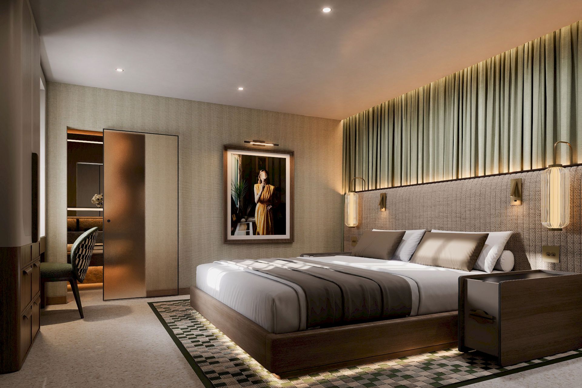 A modern hotel bedroom with a large bed, beige curtains, wall lamps, and warm ceiling lights.