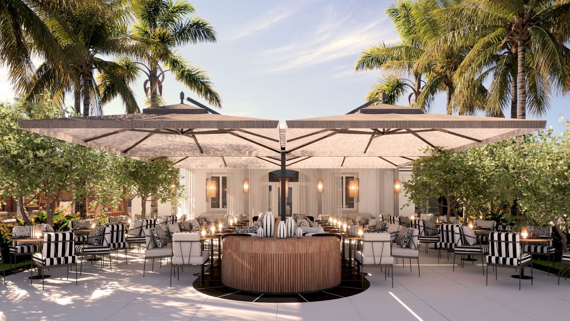 Sunlit tropical lounge with striped cushioned chairs, palm trees, and a sleek cabana terrace by warm outdoor lighting.